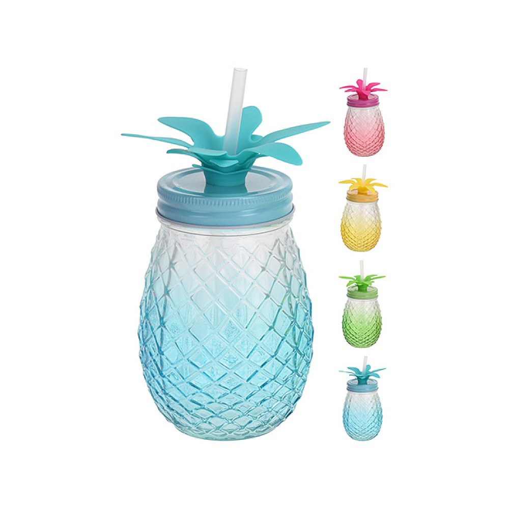 Borcan din sticla EH 400ml cu paie, design ananas