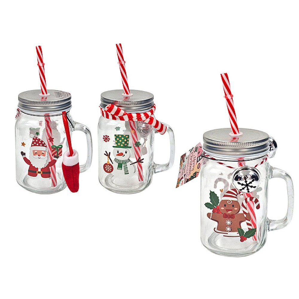 Borcan pentru bauturi 0.45l cu maner si cu pai Christmas