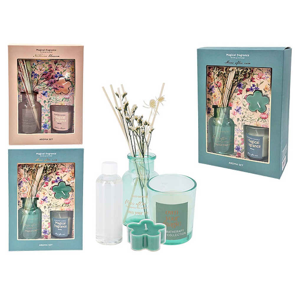 Set pentru aromaterapie 3 piese: odorizant 30 ml si 2 lumanari aromate.