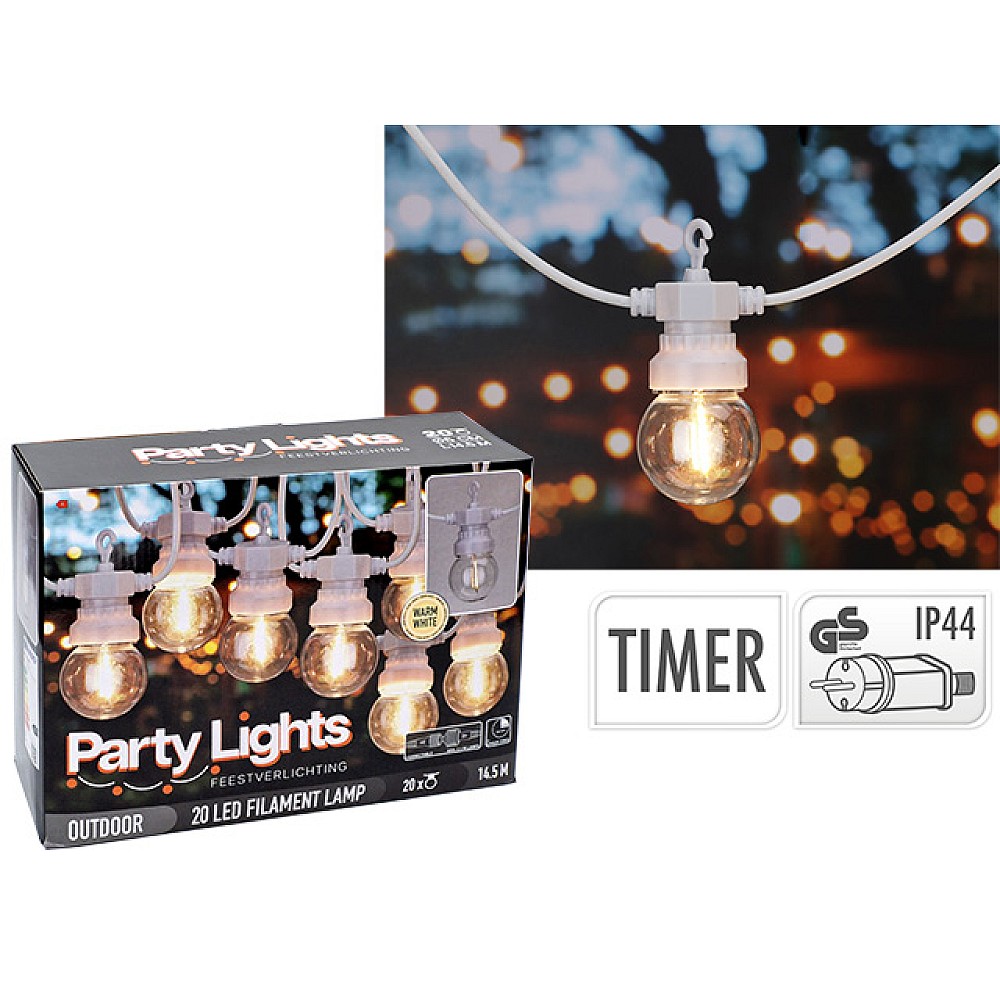Ghirlanda de exterior cu 20 LED-uri,G50, alb cald, 14.5m, cu timer, cablu alb