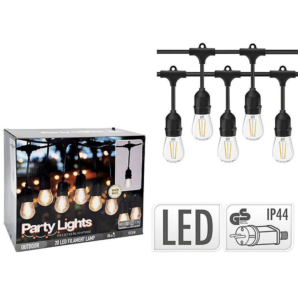 Ghirlanda de exterior 20 LED, alb cald, 12,5 m, cablu negru