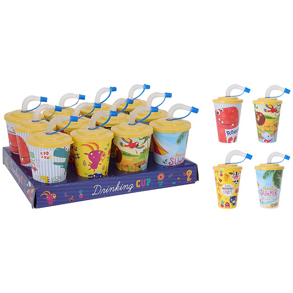 Pahar EH 400ml, cu capac si paie, plastic 