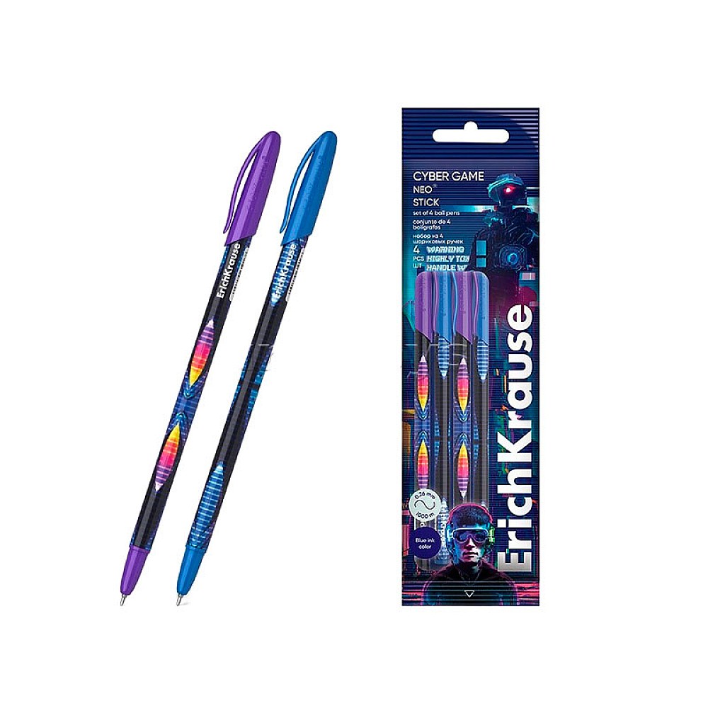 Set pixuri cu bila ErichKrause Neo Stick Cyber Game, 4 buc, albastru