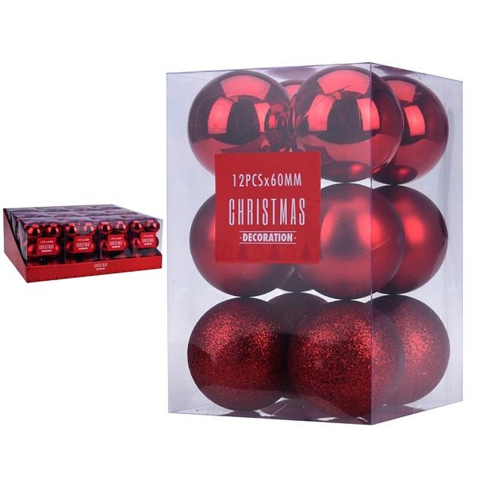 Set globuri 12X60mm rosii in cutie, 3 modele