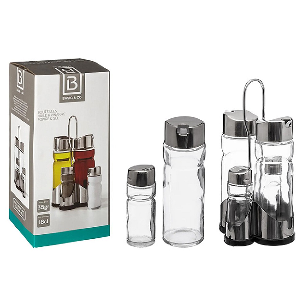 Set pentru mirodenii 5Five ulei, otet, sare, piper + suport, sticla/inox