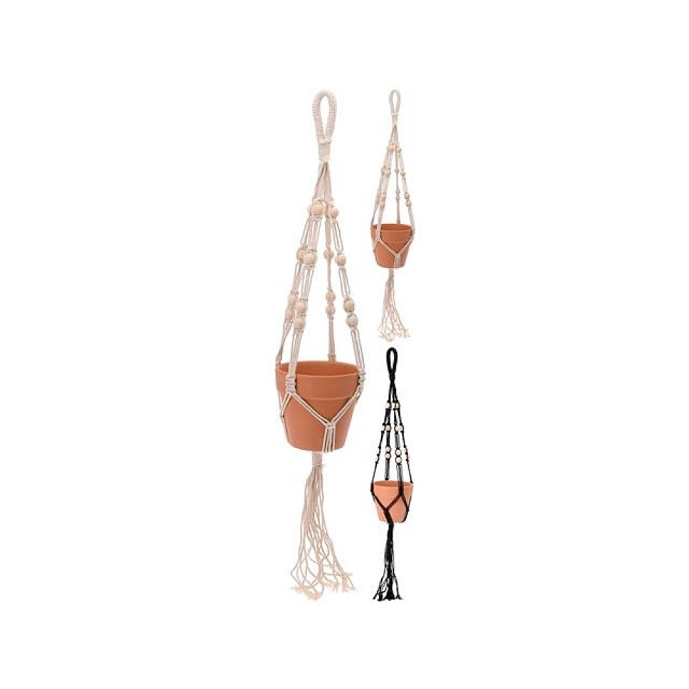 Ghiveci suspendabil Macrame 70cm si vazon de lut D12cm, H10.5cm