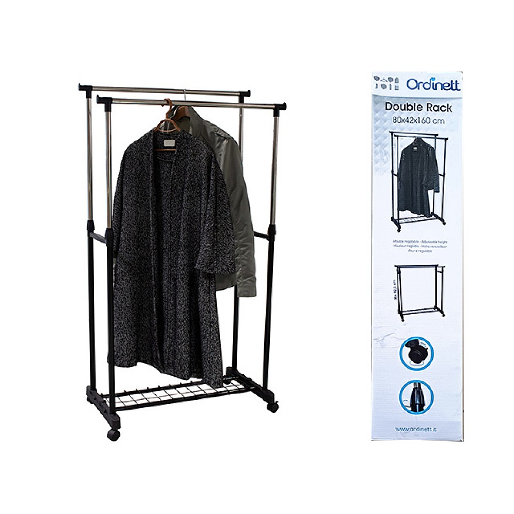 Cuier cu suport pe roti 80X42cm, H160cm Ordinett, dublu, negru