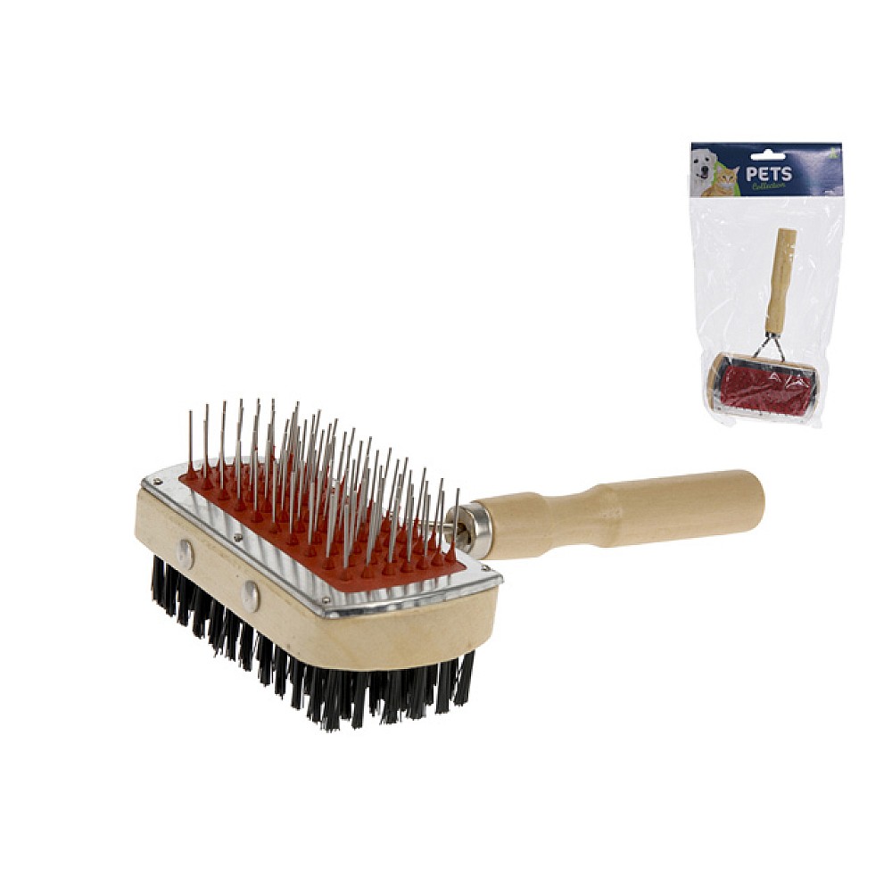 Perie pentru pieptanare 2in1 PETS 17X10cm, maner de lemn