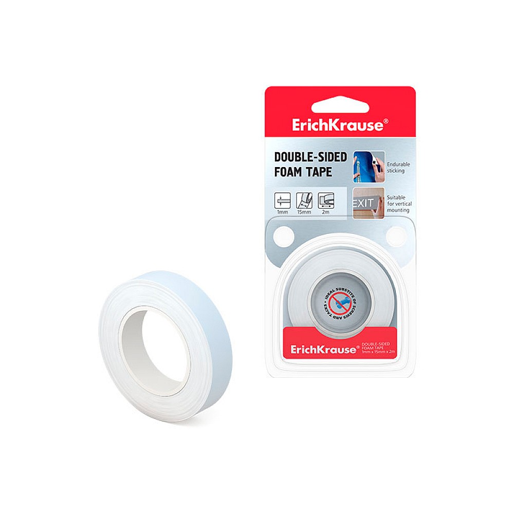 Banda din polipropilena spumata adeziva dublu fata 2mX15mmX1mm ErichKrause Double, blister alb