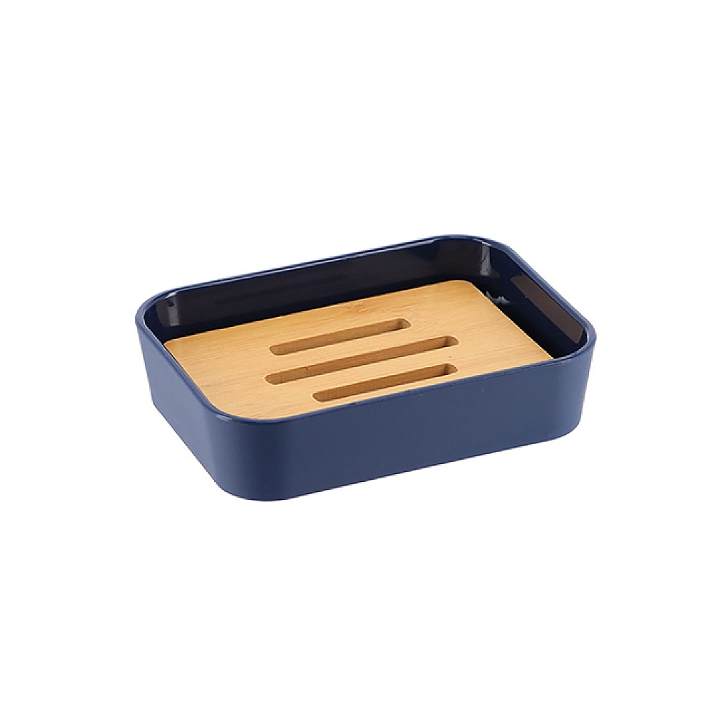 Săpunieră Tendance Rubber, suport bambus, albastră, plastic
