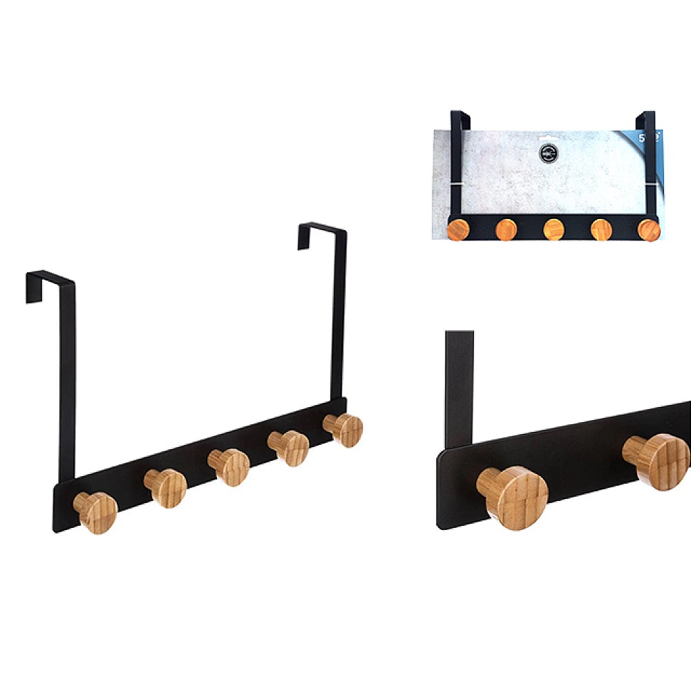 Cuier suspendabil cu 5 cârlige 33X20cm Five, negru, din metal/bambus
