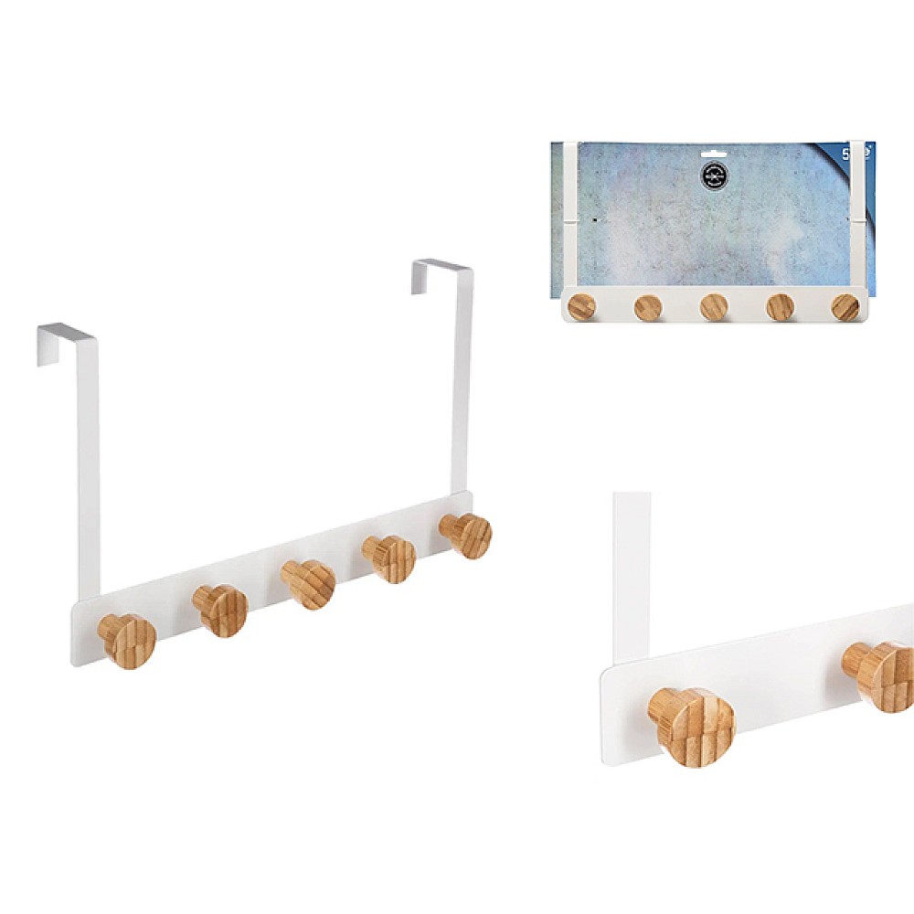 Cuier suspendabil cu 5 cârlige 33X20cm Five, alb, din metal/bambus