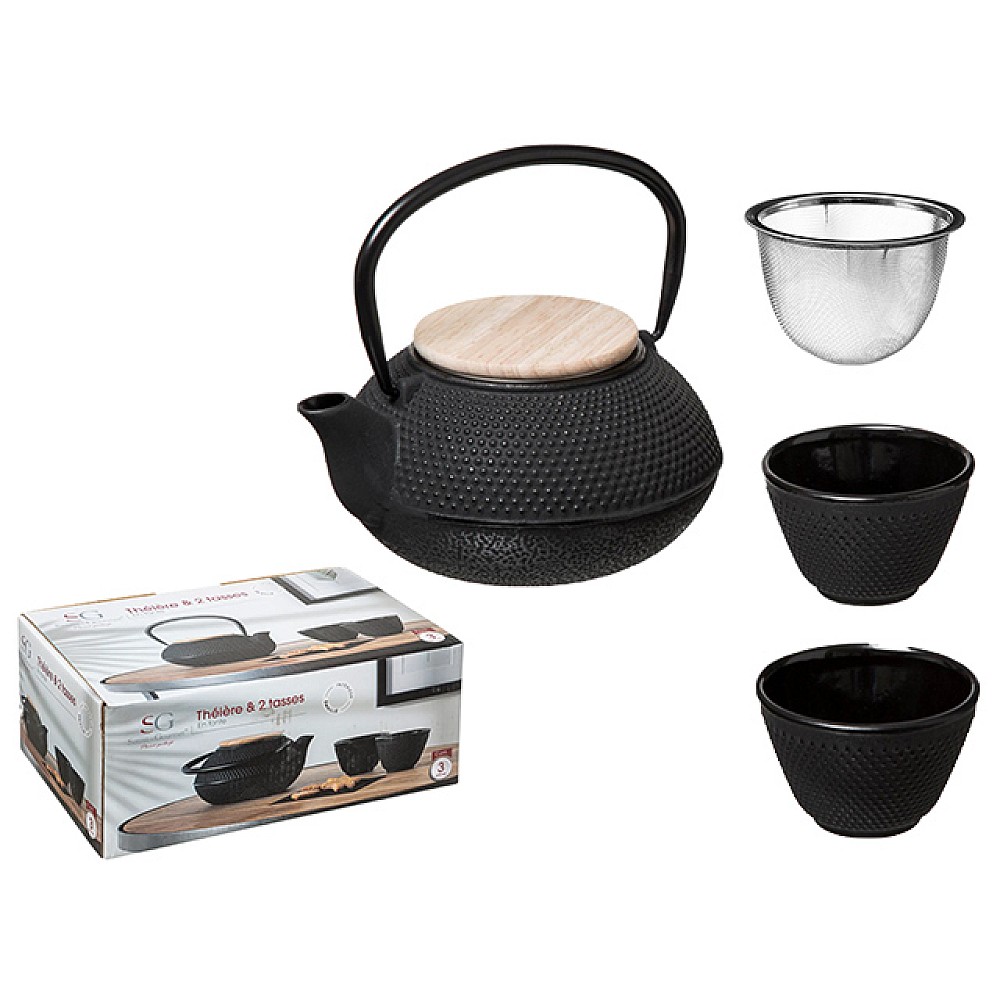 Set ceainic 0,8l cu 2 cesti, din fonta, capac bambus