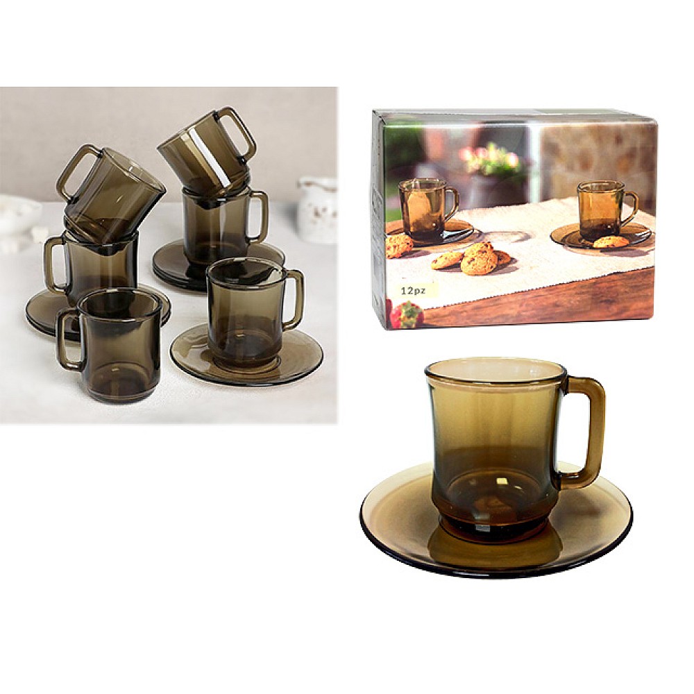 Set 6 cani cu farfurioare GI Basilico, sticla fumurie, 310ml