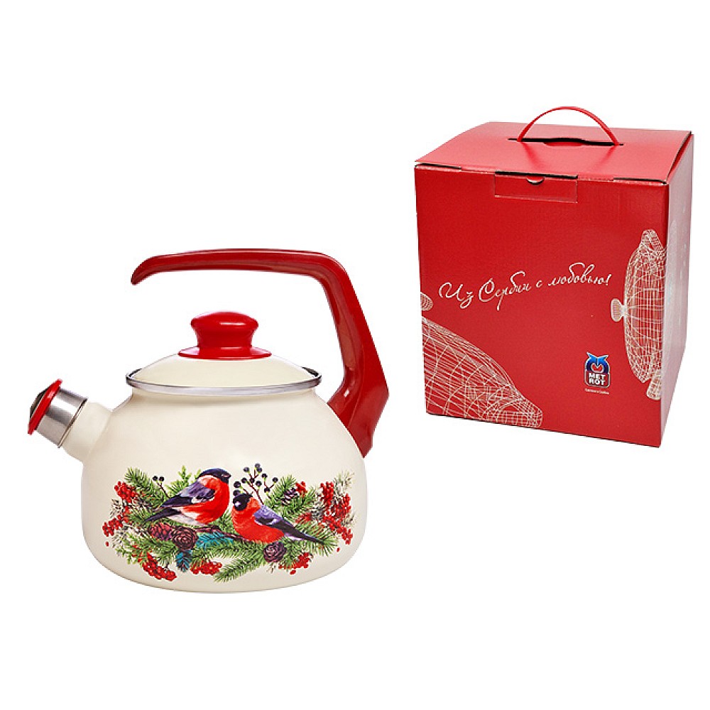 Ceainic emailat Mugurari D20 cm, 2.5 l, maner bachelit, cu fluier