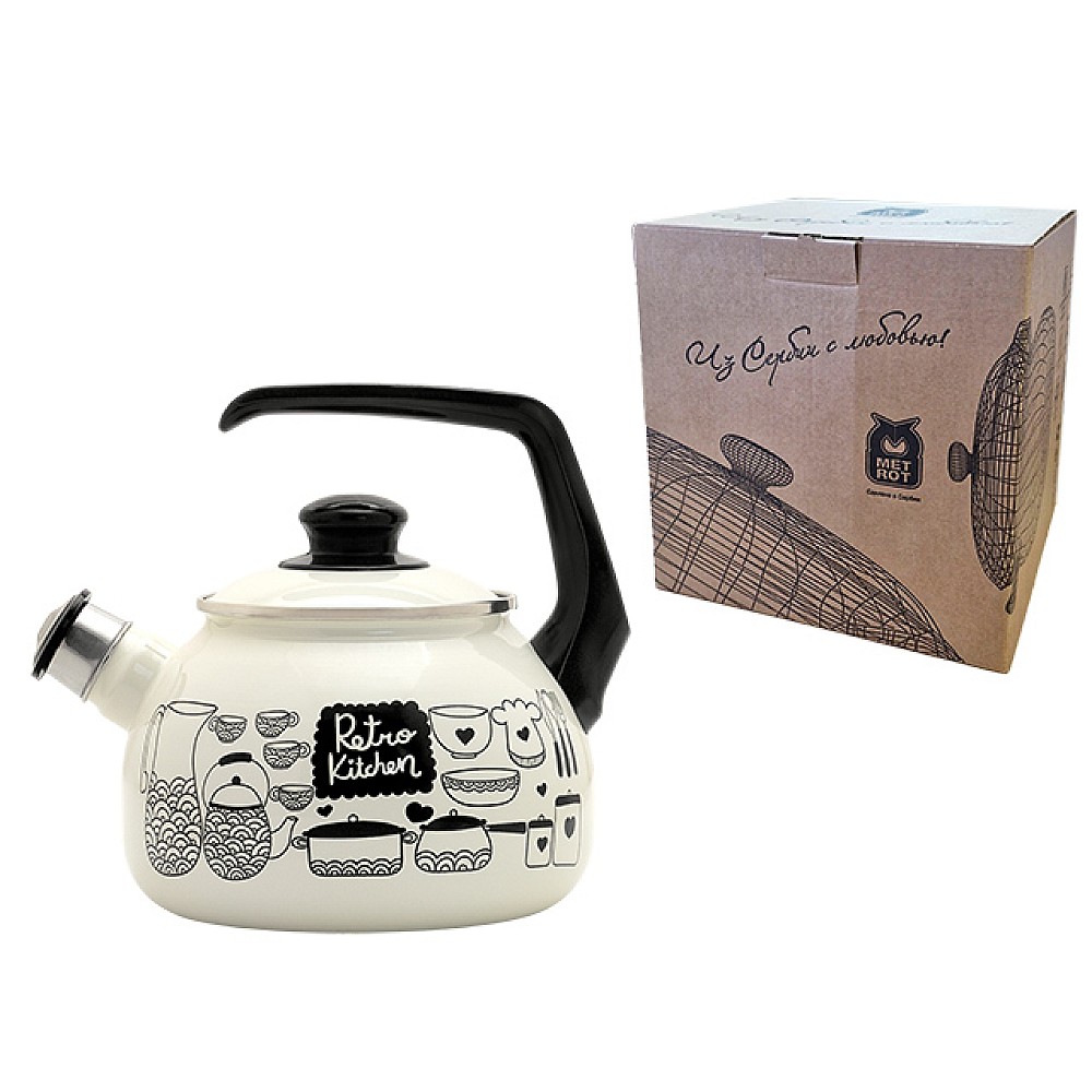 Ceainic emailat Retro D20 cm, 2.5 l, maner bachelit, cu fluier