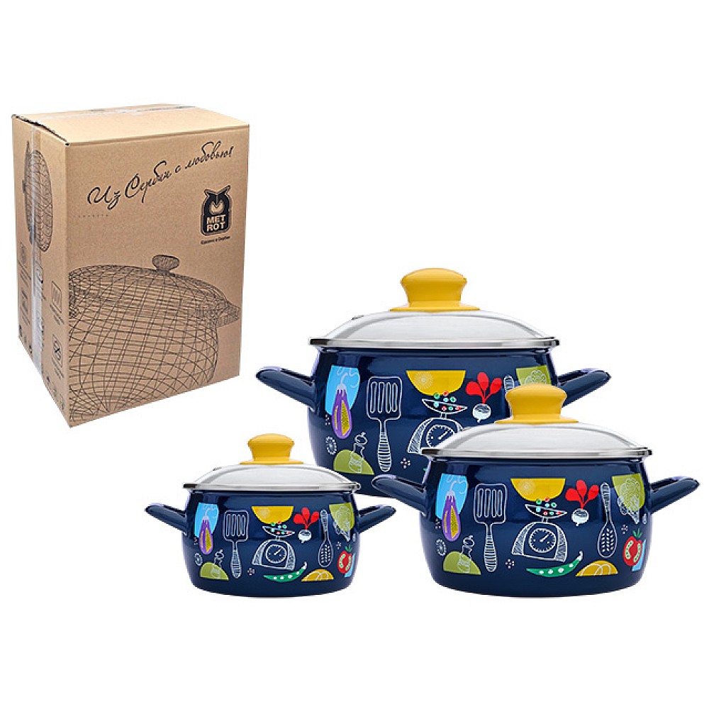 Set cratite emailat Appetit 3buc, capac din sticla