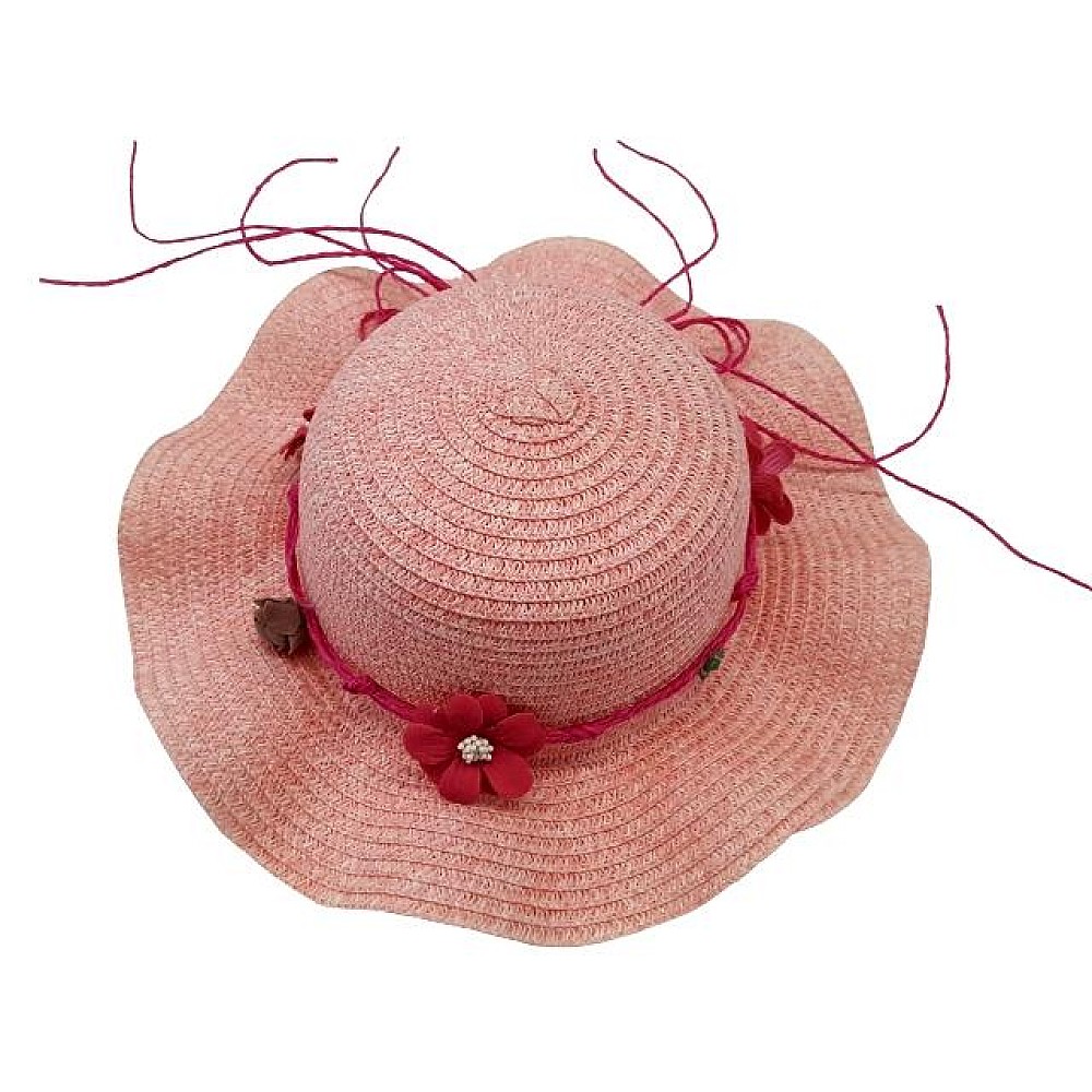 Palarie de vara pentru copii D28cm, cu panglica si flori