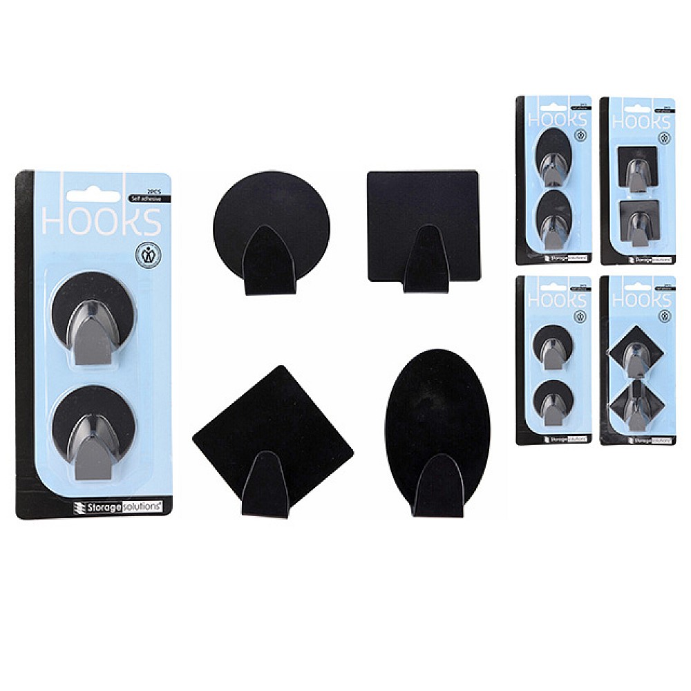 Set cârlige autoadezive Storage 2buc, 4forme, din metal, negru