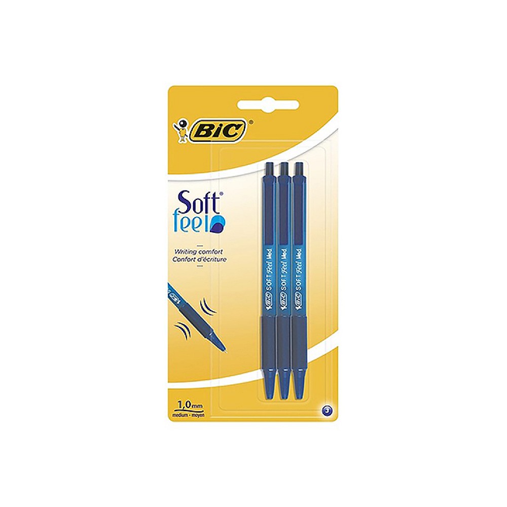 Set de pixuri cu bilă BIC Soft Feel Clic Grip, 3 bucăți, albastre, blister