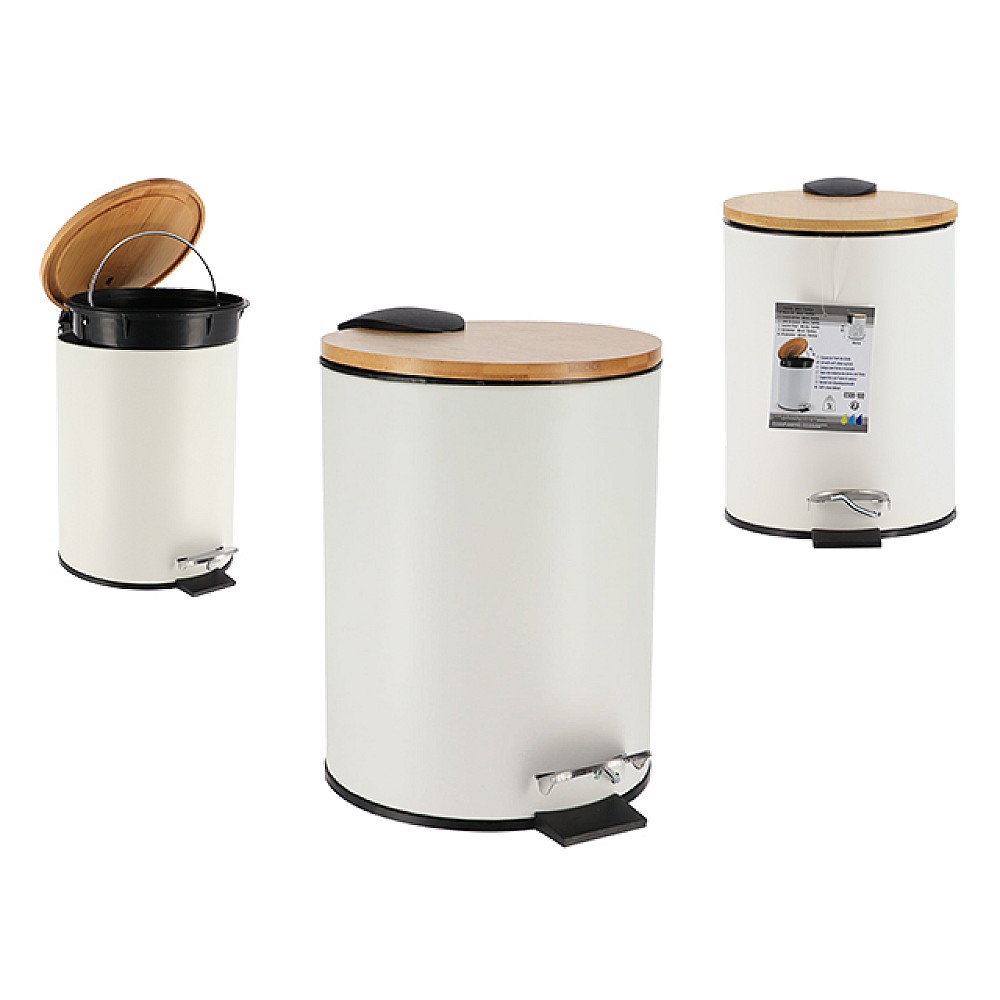 Cos pentru gunoi cu pedala Tendance 3l, H23.5cm, metal, bambus, alb