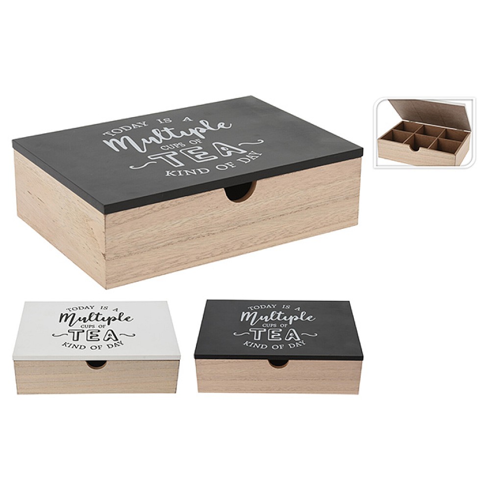 Cutie pentru ceai 6 sectiuni 24X16X7cm, lemn, capac negru
