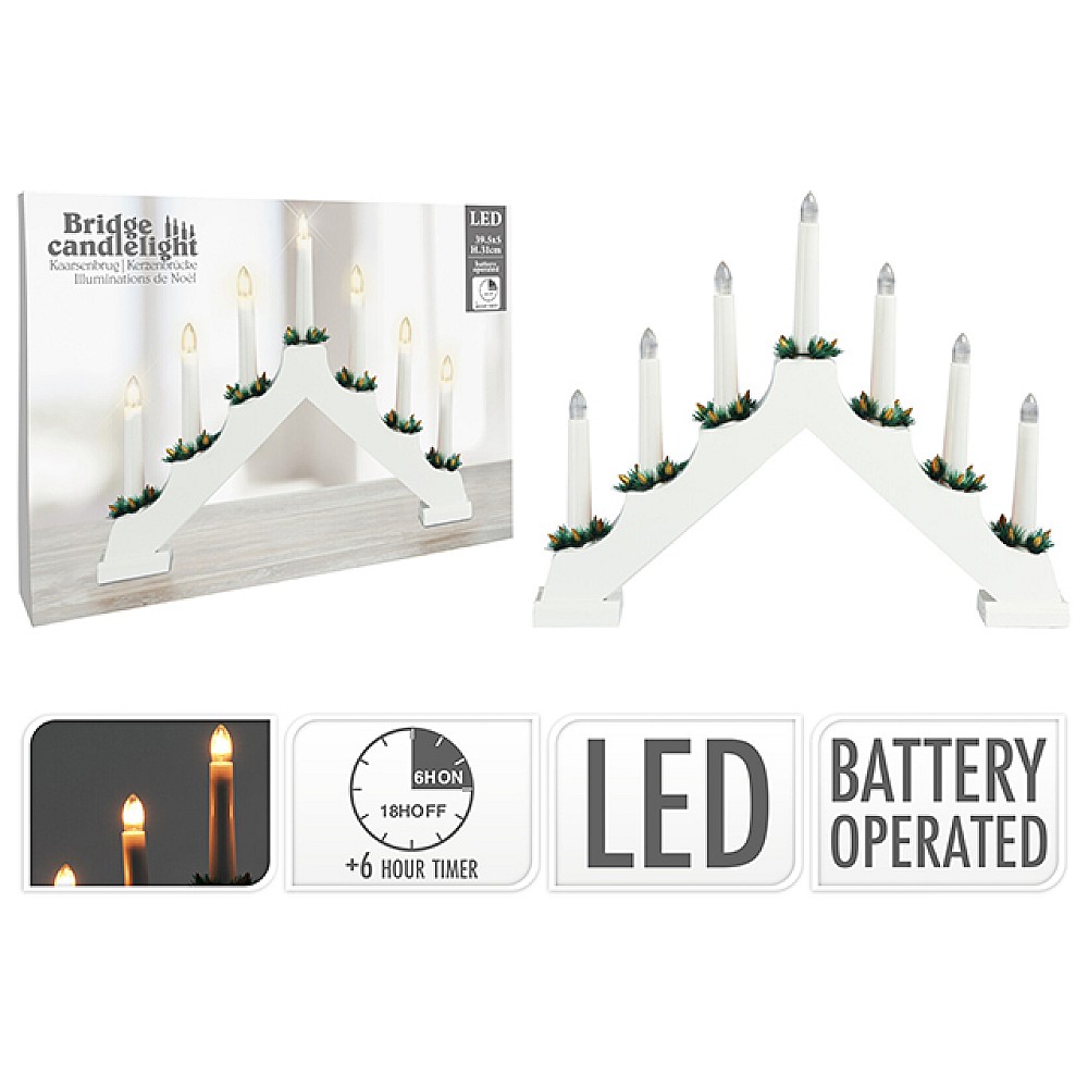 Candelabru LED pentru 7 luminari 39.5X5cm, H31cm, alb, din lemn