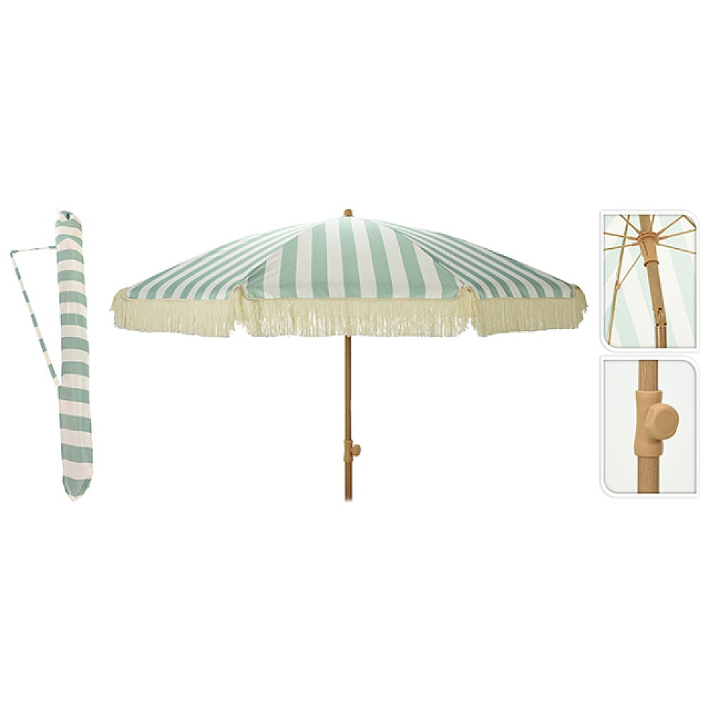 Umbrela de soare, D183 cm, 8 spite arcuite, franjuri, dungi verzi, UPF 30+