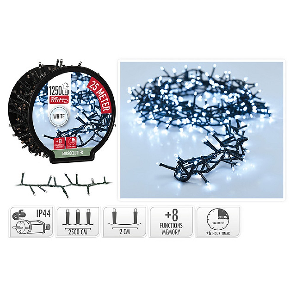Luminite de Craciun liniare pe bobina 1250LED alb, 25m, 8 reg, cronom