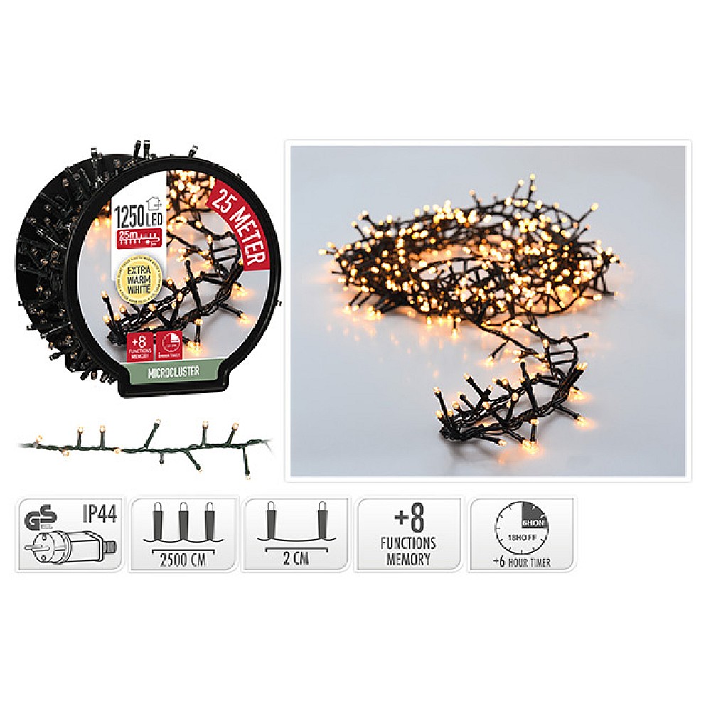 Luminite de Craciun liniare pe bobina 1250LED extra alb-cald, 25m, 8regim, in /out