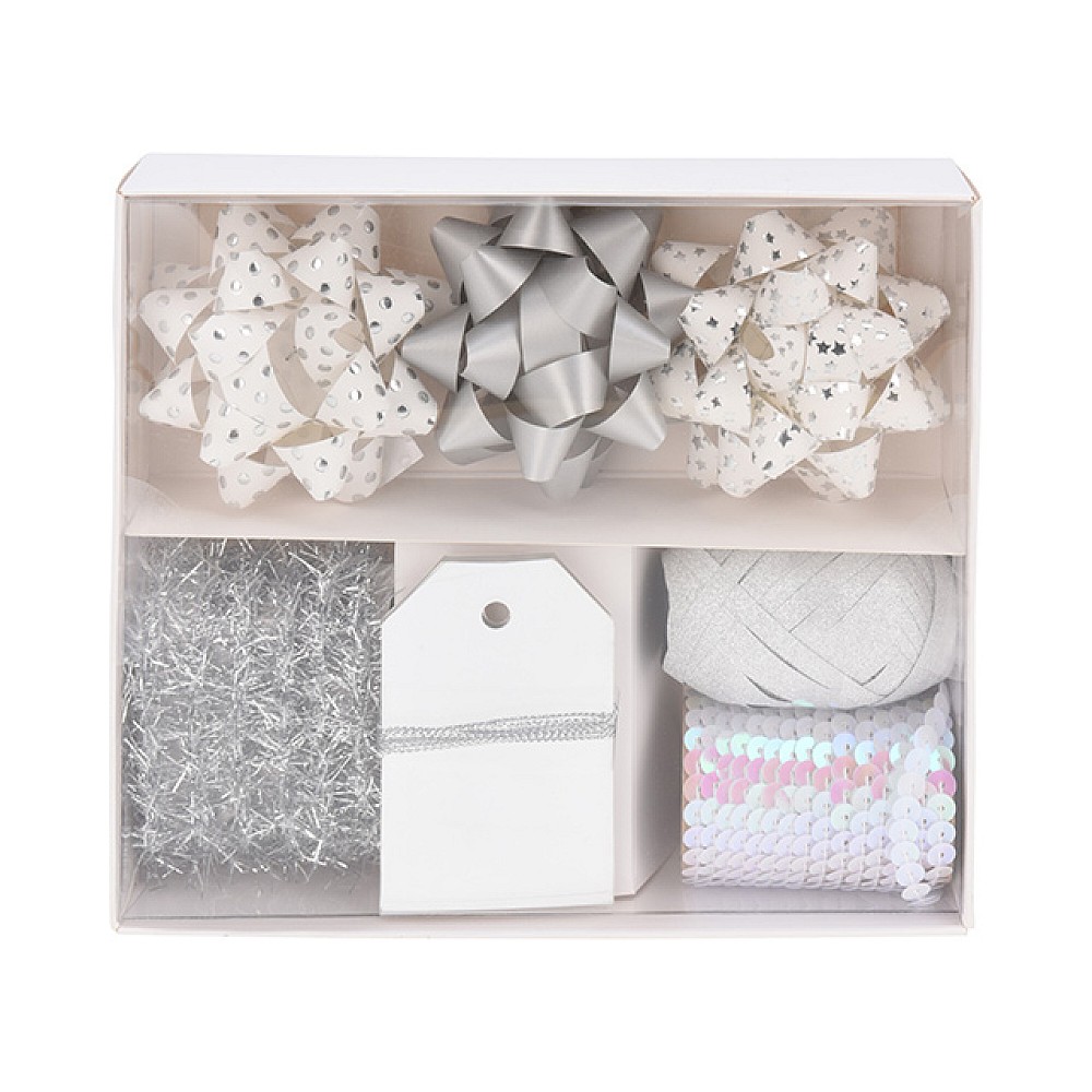 Set decoratiuni pentru cadouri 10 buc, (3 stele, 4 etichete, beteala, 2 panglici), argintii