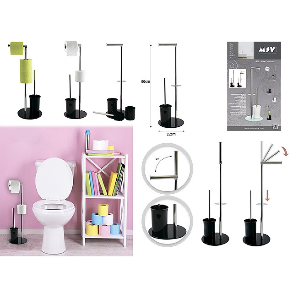 Perie WC cu suport, detașabilă și rezervor pentru hârtie igienică, din inox/sticlă, neagră