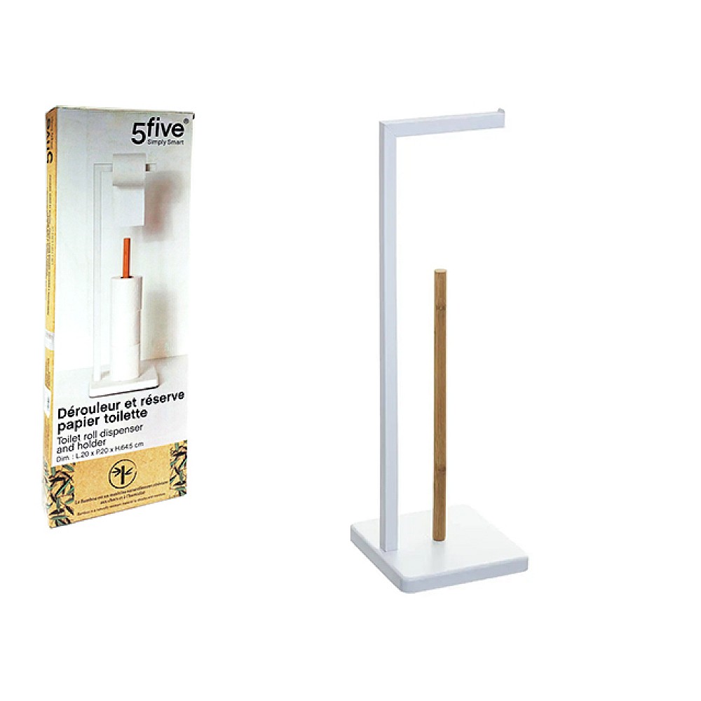 Suport pentru hârtie igienică de podea cu rezervor Five, alb, metal/bambus