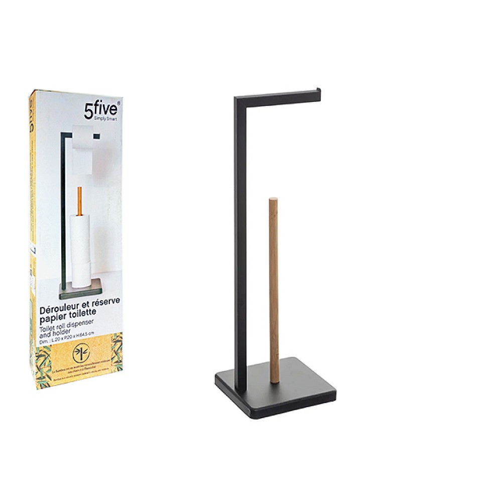 Suport pentru hârtie igienică de podea cu rezervor, Five, negru, metal/bambus