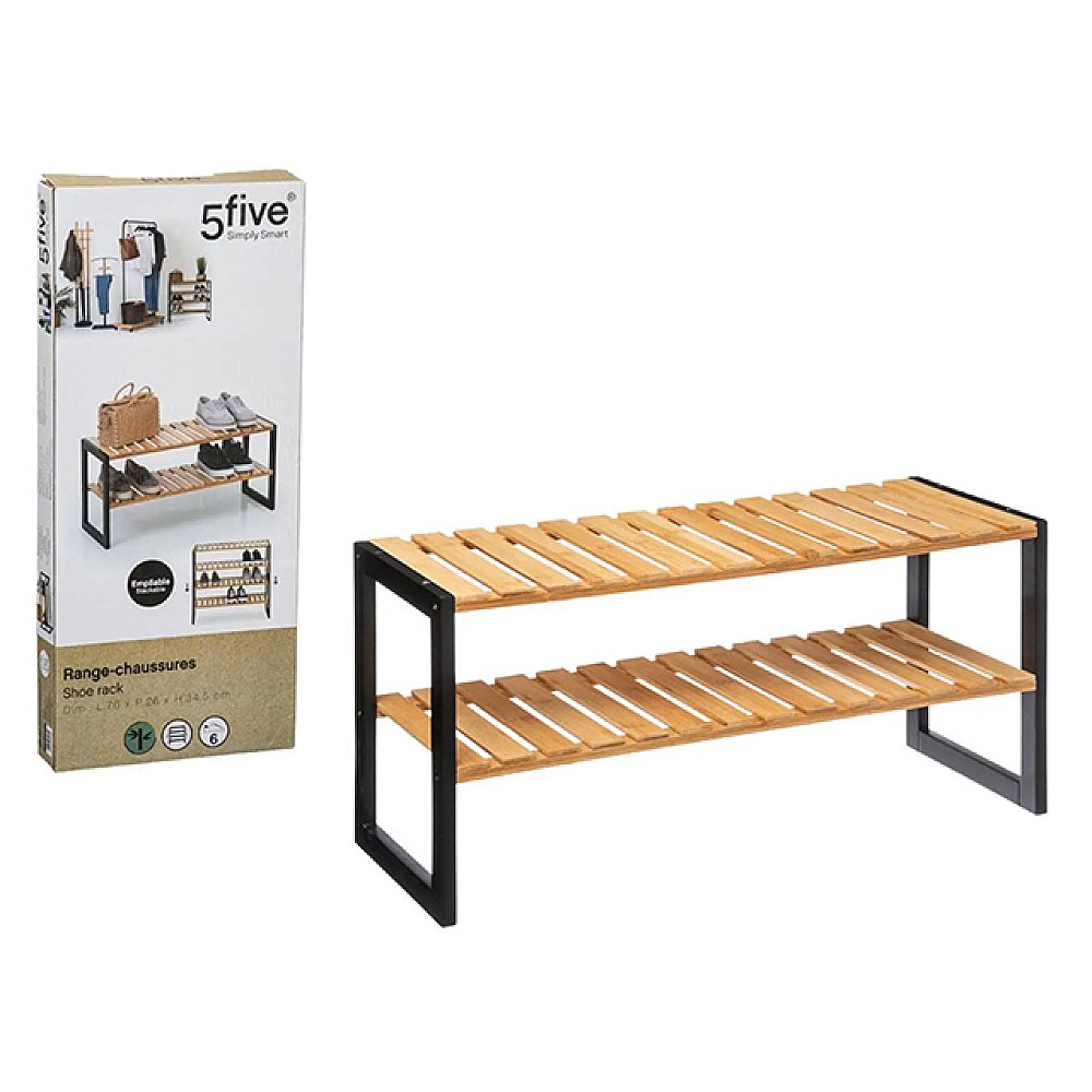 Etajera pentru incaltamine 2 rafturi Five 70X26X34.5cm, bambus/metal
