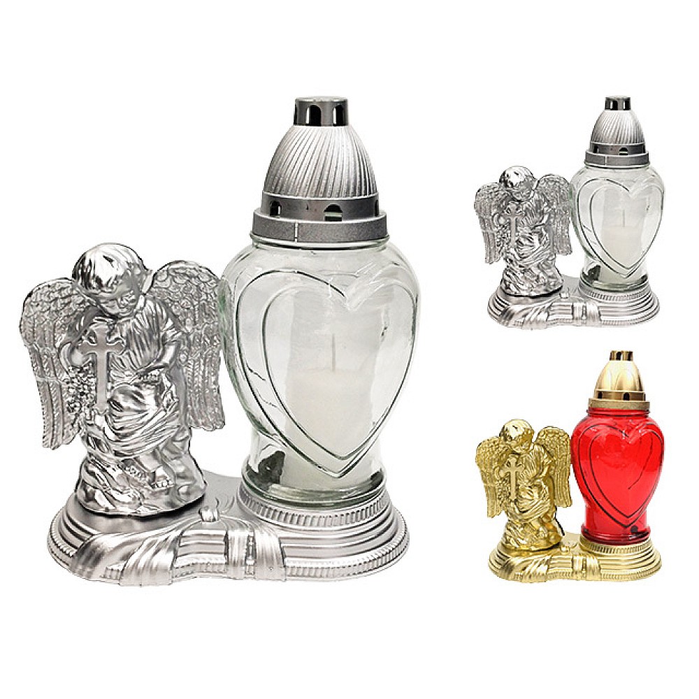 Candelă sticlă cu capac 24cm, 28ore, cu ingeras, alba/rosu