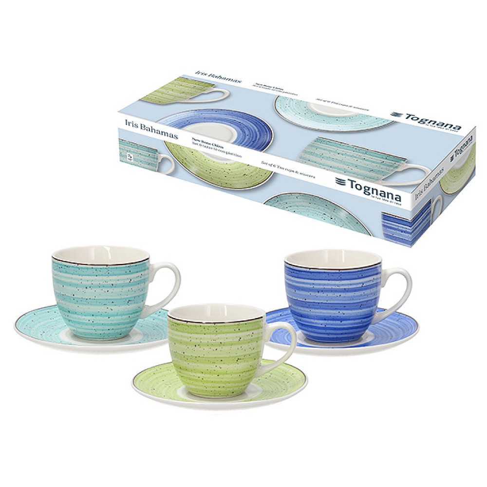 Set 6 cani Tognana Bahamas cu farfurioare, 3 culori, portelan