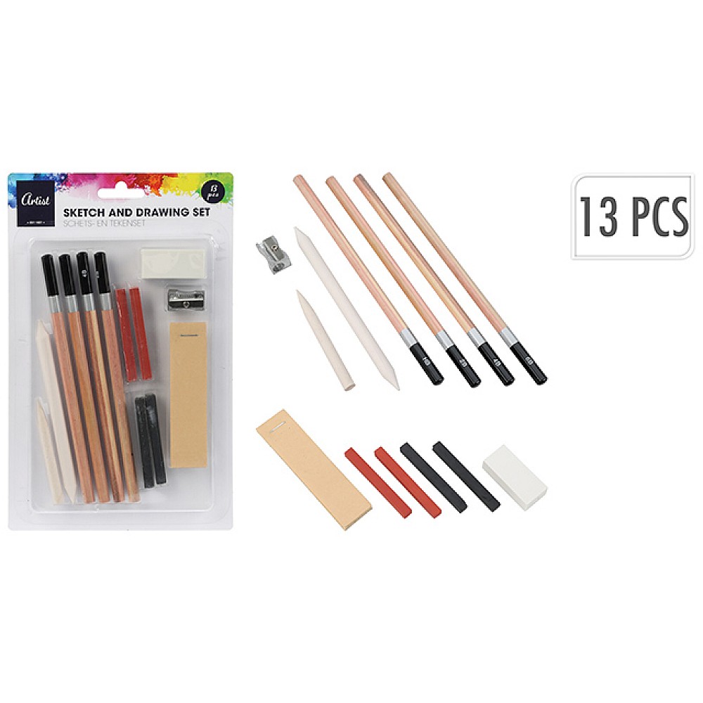 Set pentru schite si desen Artist 13 unit: creioane 6, pasteluri 4buc, ascutitoare si radiera, carton