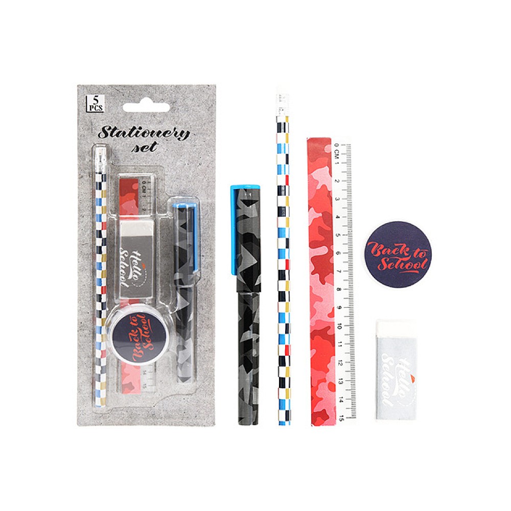 Set de papetărie 5 unit: creion, radieră, riglă, ascutitoare, stilou