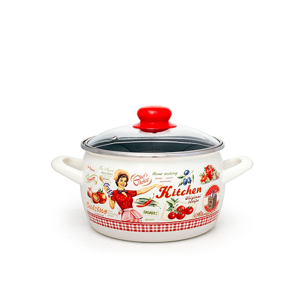 Cratita emailata Kitchen 16cm, 2.2l, capac din sticla