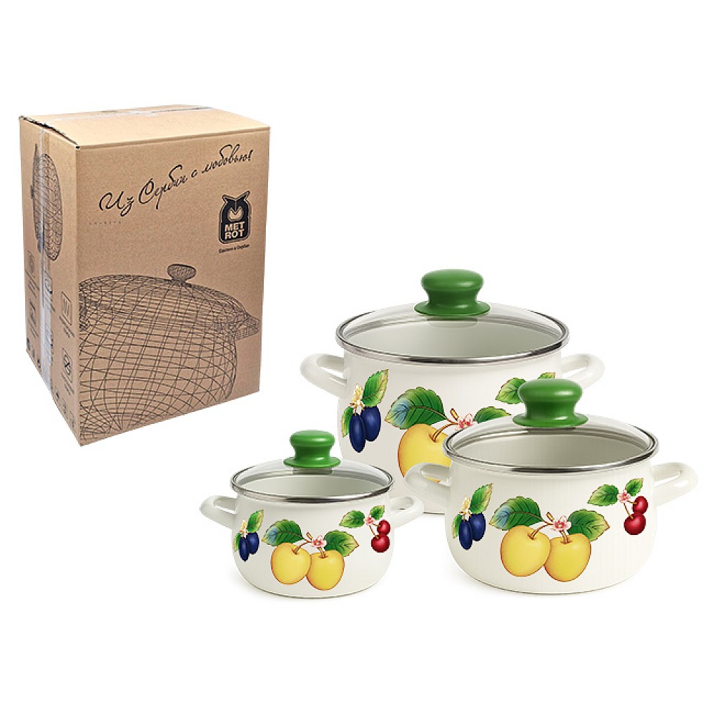 Set cratite emailat Fructe 3buc, capac din sticla