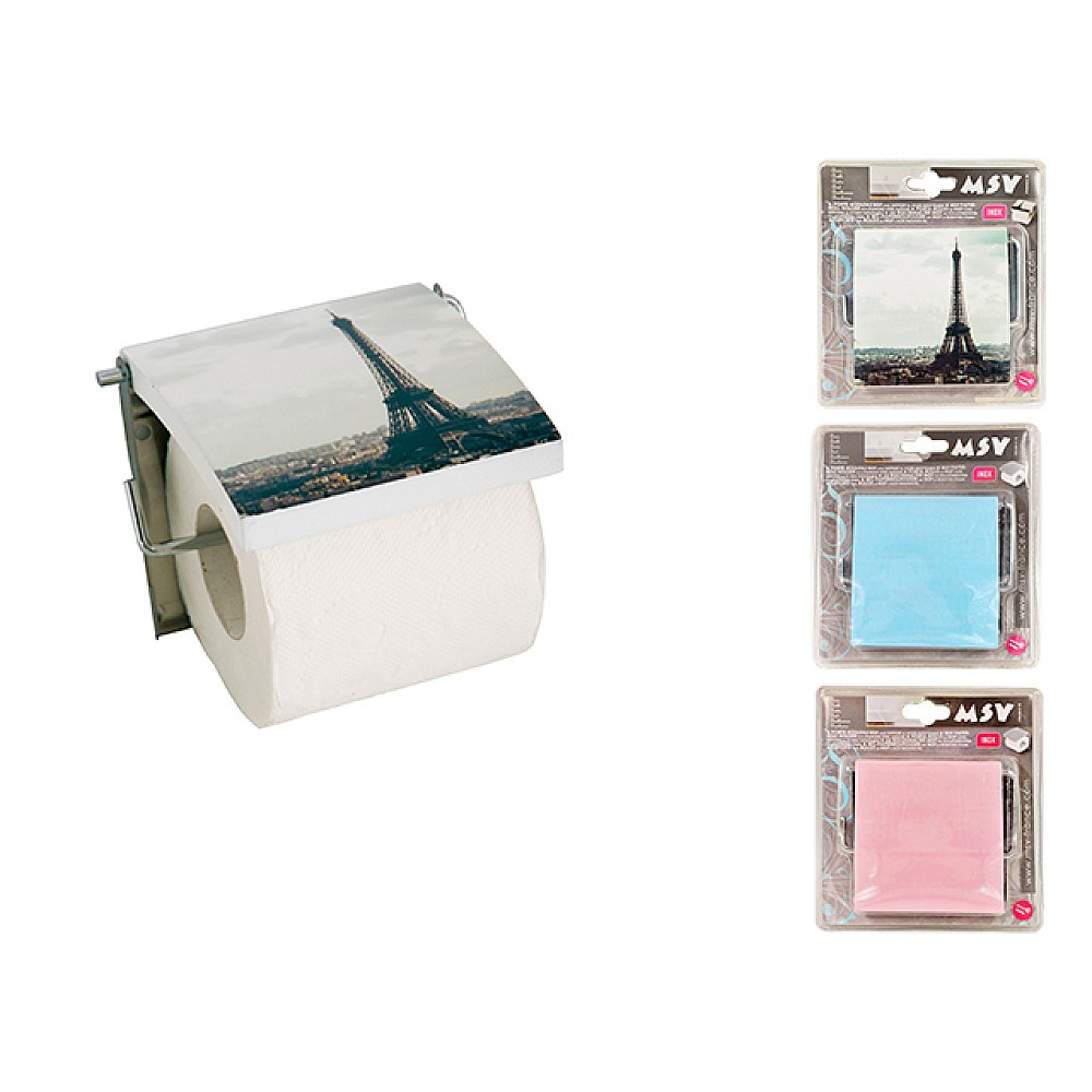 Suport pentru hârtie WC cu capac MSV, albastru/roz/Paris