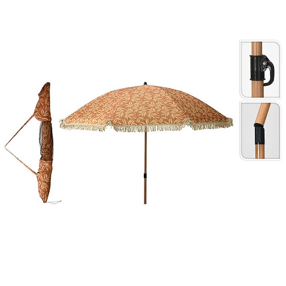 Umbrelă de soare D176cm cu picior flexibil, 8 spite, galbenă, cu franjuri, husă