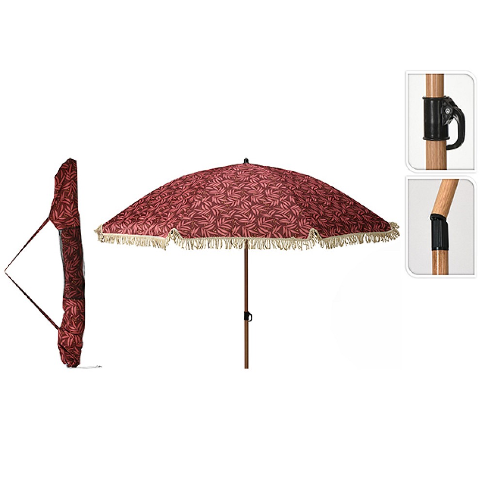 Umbrelă de soare D176cm cu picior flexibil, 8 spite, bordo, cu franjuri, husă
