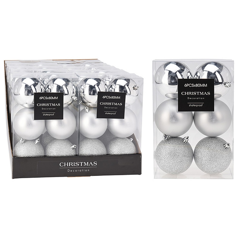 Set globuri pentru brad 6X80mm in cutie, argintii
