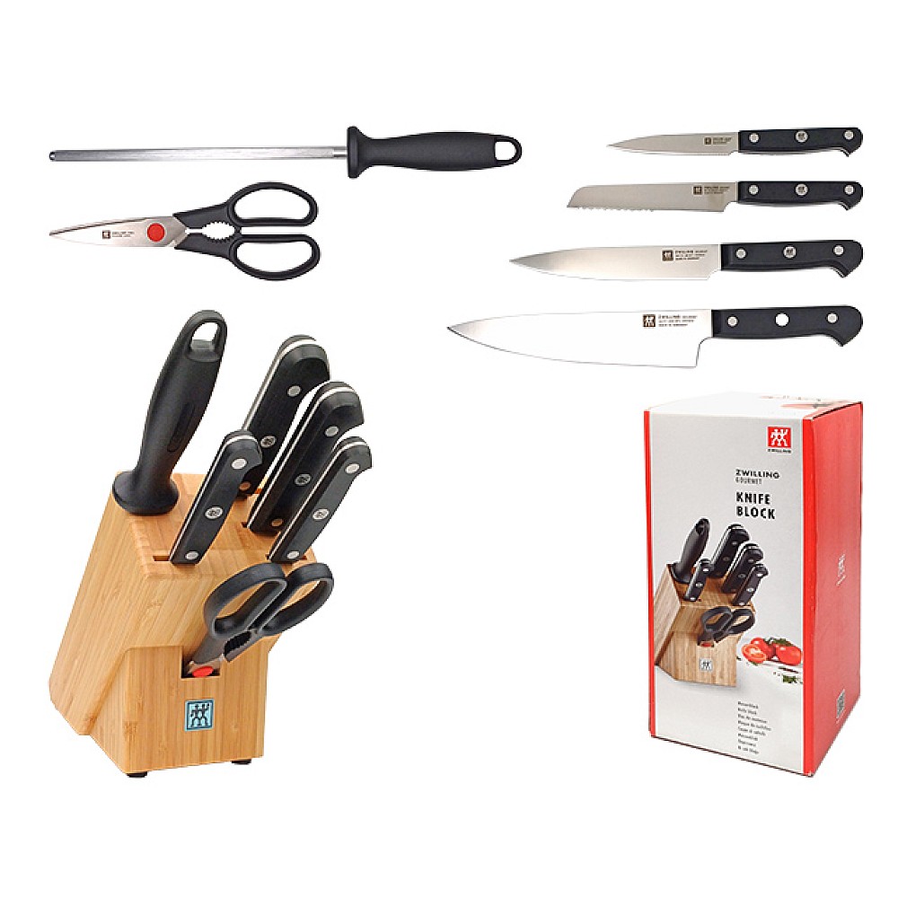 Set cutite de bucătărie Zwilling Gourmet cu 7 unităti (4 cutite + foarfece + ascutitor+suport lemn)