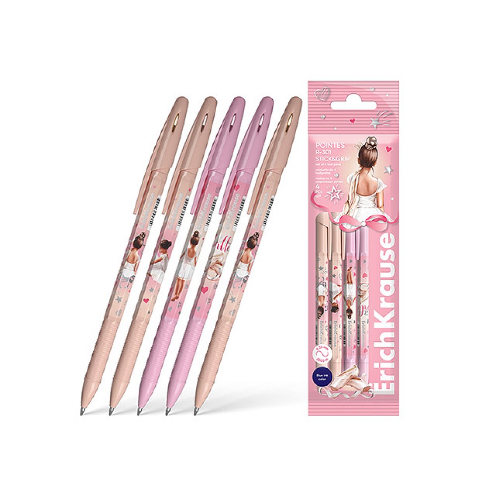 Set 4 pixuri cu bila ErichKrause R-301 Stick&Grip Pointes, albastru