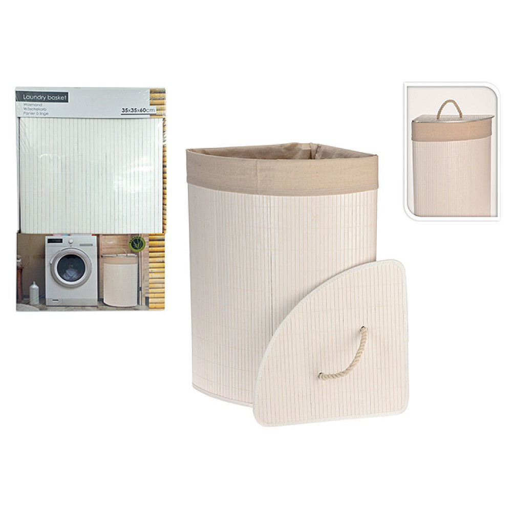 Cos pentru rufe cu capac 35X35X60cm, alb, bambus, impletit,de colt 