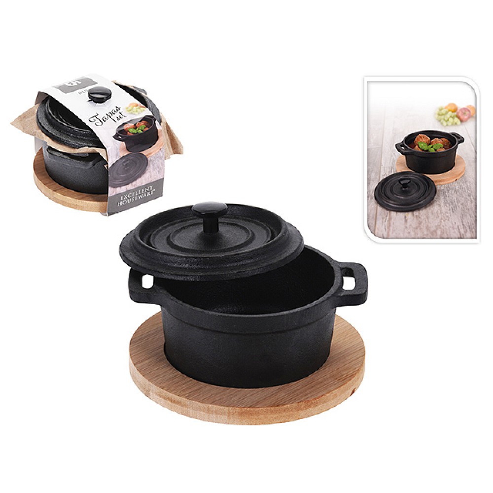 Cocot mini fonta EH 10X7.5cm si suport din lemn