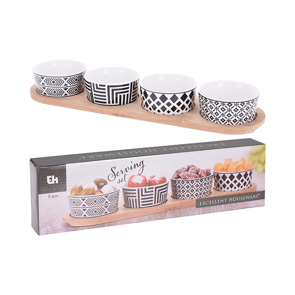 Set pentru aperitiv EH 5unitati, suport din lemn 38X10 cm, ceramica